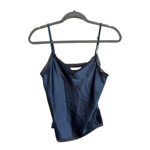 Ellison Slip Satin Lace Trim Tank Cami VNeck Blue Size Small